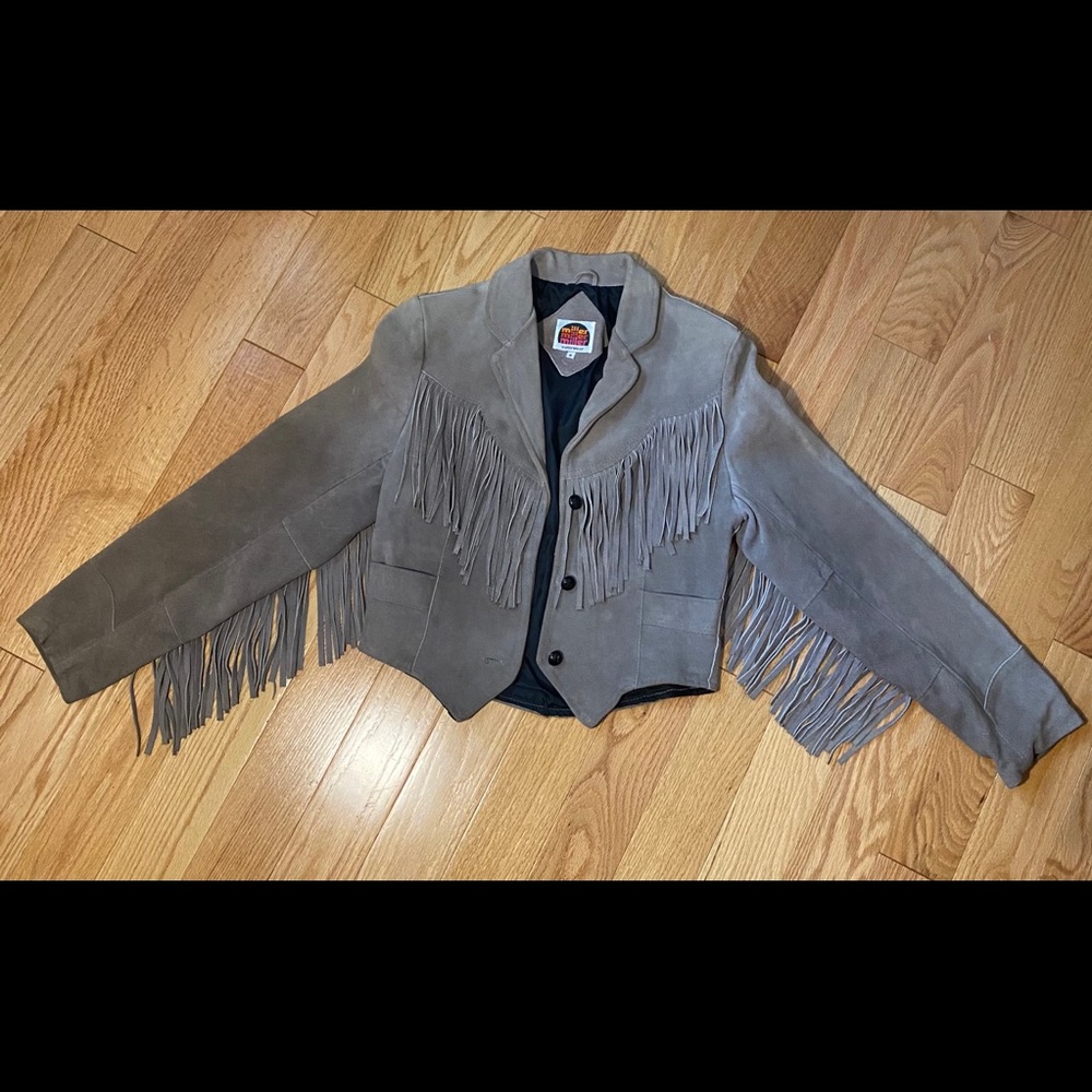 Vintage gray, fringe, suede jacket